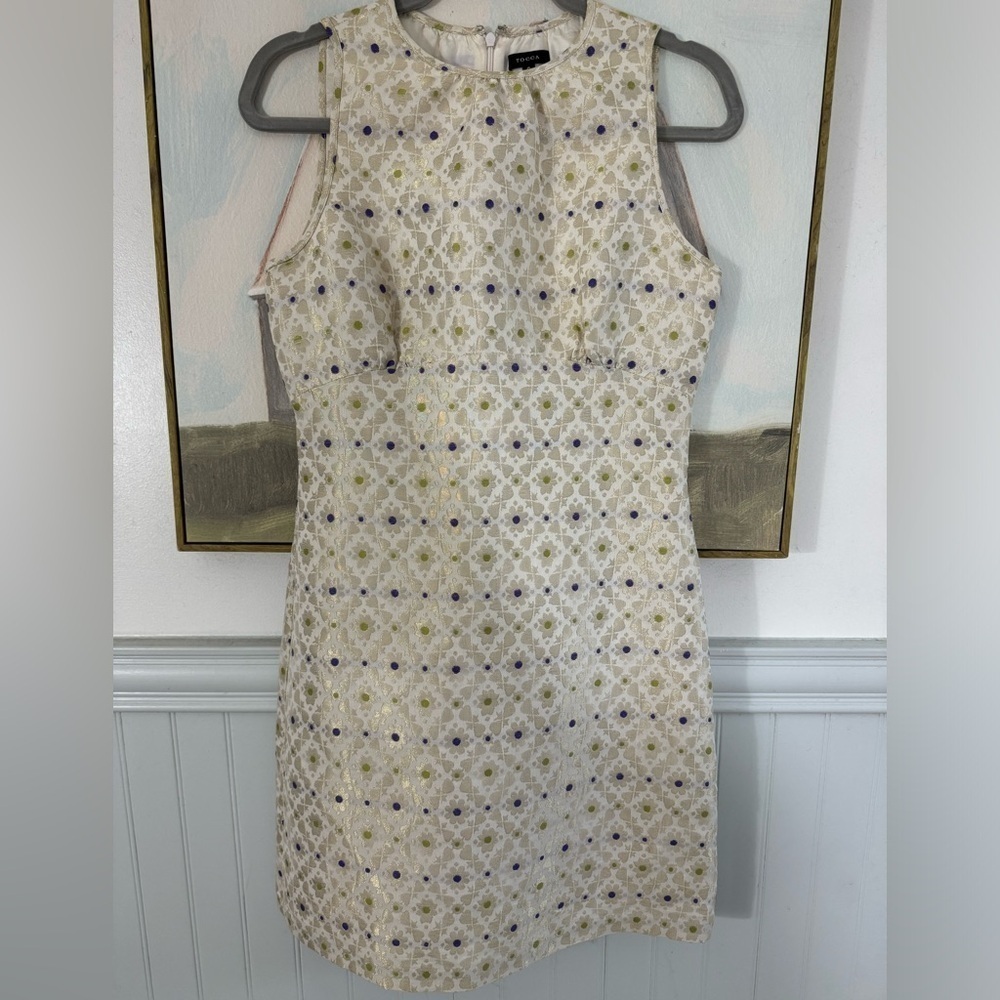 TOCCA Floral Block Print Cream Gold Blue Green Metallic Size 6